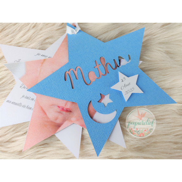 Faire part de naissance étoile bleu découpe invitation baptême pour garçon originale