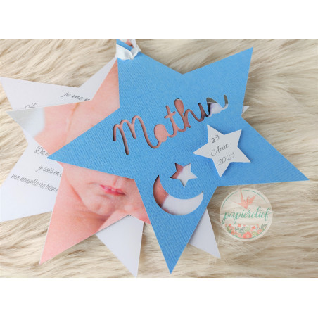 Faire part de naissance étoile bleu découpe invitation baptême pour garçon originale