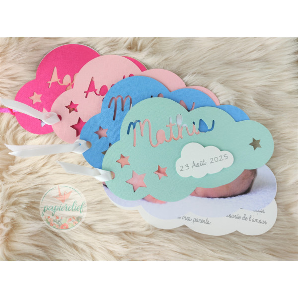 Faire part de naissance nuage rose découpe invitation baptême pour fille originale