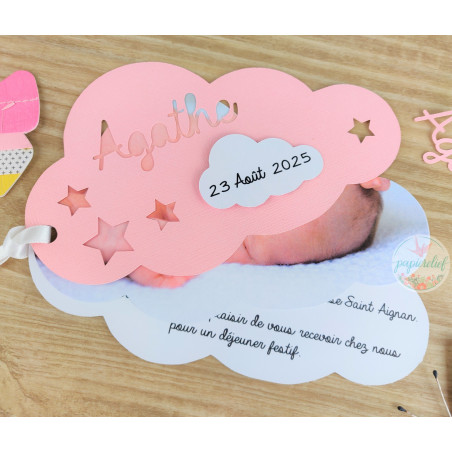 Faire part de naissance nuage rose découpe invitation baptême pour fille originale
