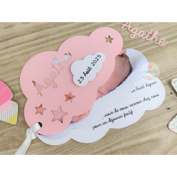 Faire part de naissance nuage rose découpe invitation baptême pour fille originale