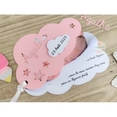 Faire part de naissance nuage rose découpe invitation baptême pour fille originale