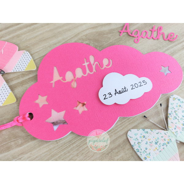 Faire part de naissance nuage fuchsia découpe invitation baptême pour fille originale