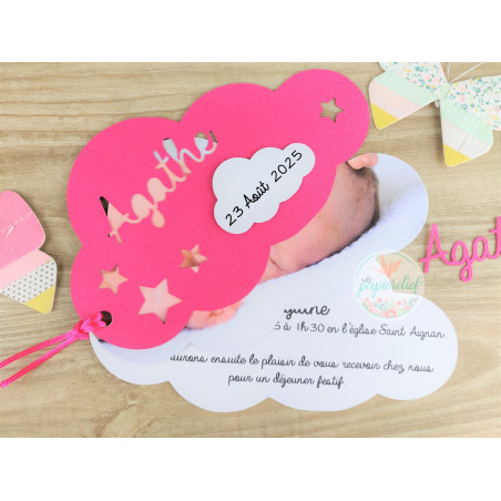 Faire part de naissance nuage fuchsia découpe invitation baptême pour fille originale