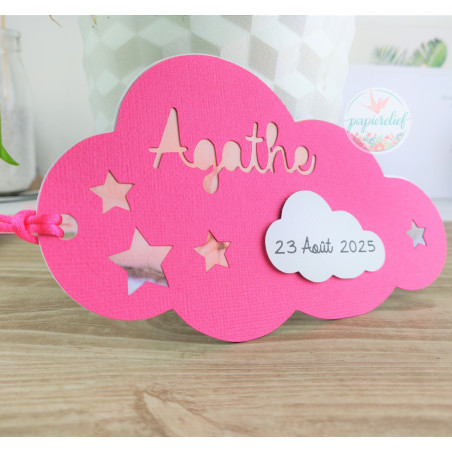 Faire part de naissance nuage fuchsia découpe invitation baptême pour fille originale