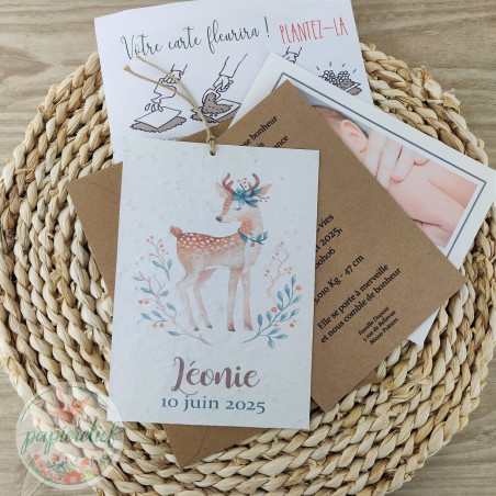 Faire part naissance à planter invitation baptême à semer - biche faon écologique