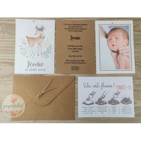 Faire part naissance à planter invitation baptême à semer - biche faon écologique