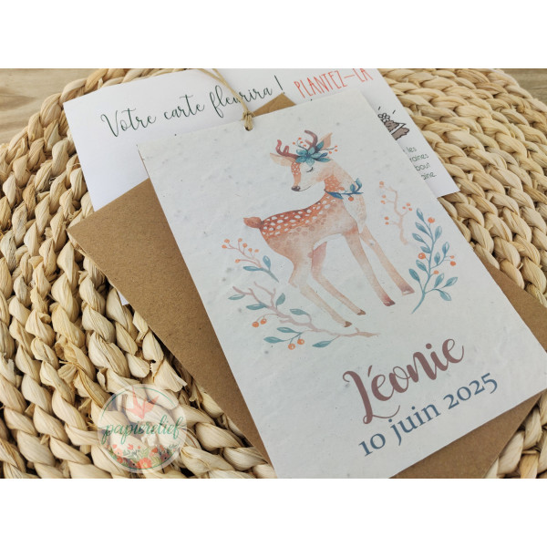 Faire part naissance à planter invitation baptême à semer - biche faon écologique