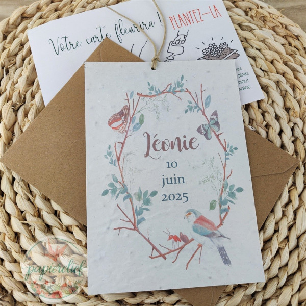 Faire part Naissance ou baptême à Planter oiseaux papillon aquarelle