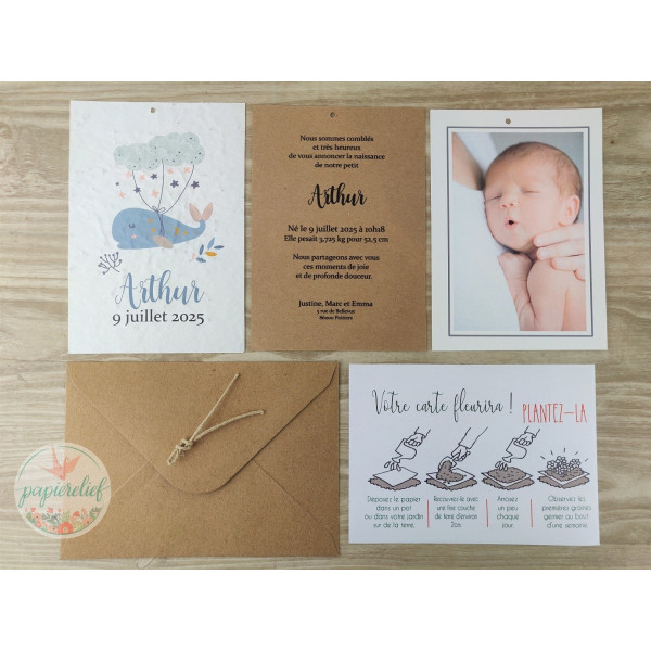 Faire part Naissance fait main à Planter baleine