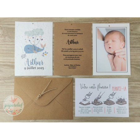 Faire part Naissance fait main à Planter baleine