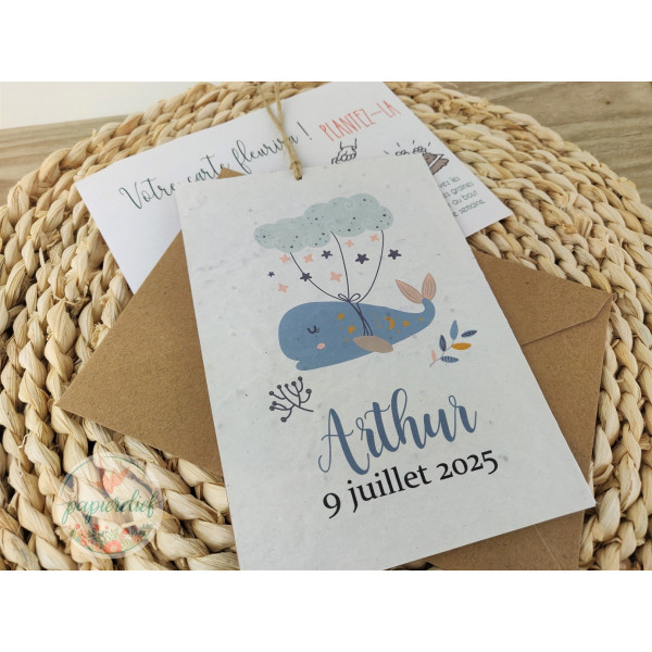 Faire part Naissance fait main à Planter baleine