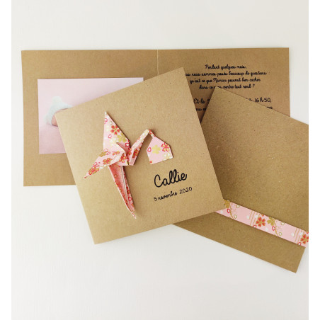 Faire part naissance cigogne en origami - papier japonais rose