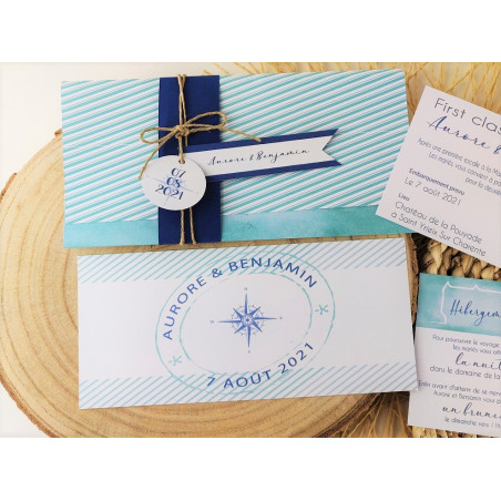 faire part mariage thème voyage rustic trip vacances billet d'avion bleu mint