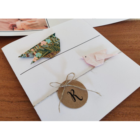faire part naissance baptême oiseaux rose vert papier japonais haut de gamme