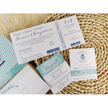 faire part mariage thème voyage rustic trip vacances billet d'avion bleu mint
