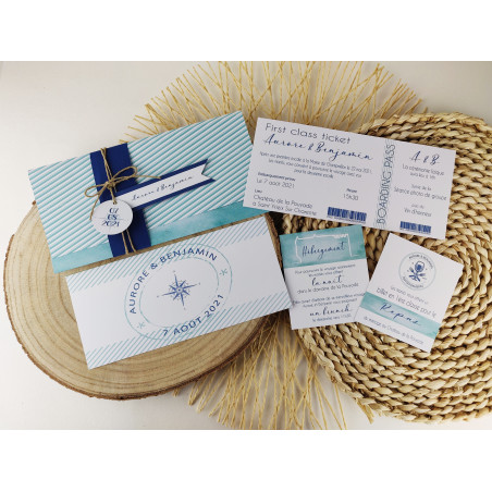 faire part mariage thème voyage rustique vacances billet d\'avion bleu mint