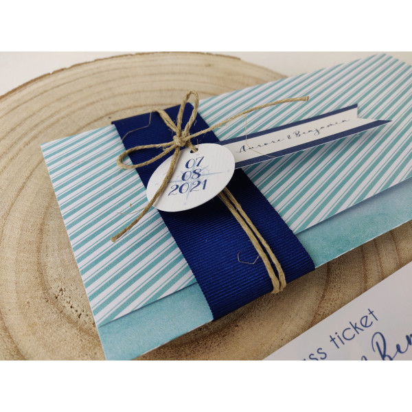 faire part mariage thème voyage rustic trip vacances billet d'avion bleu mint