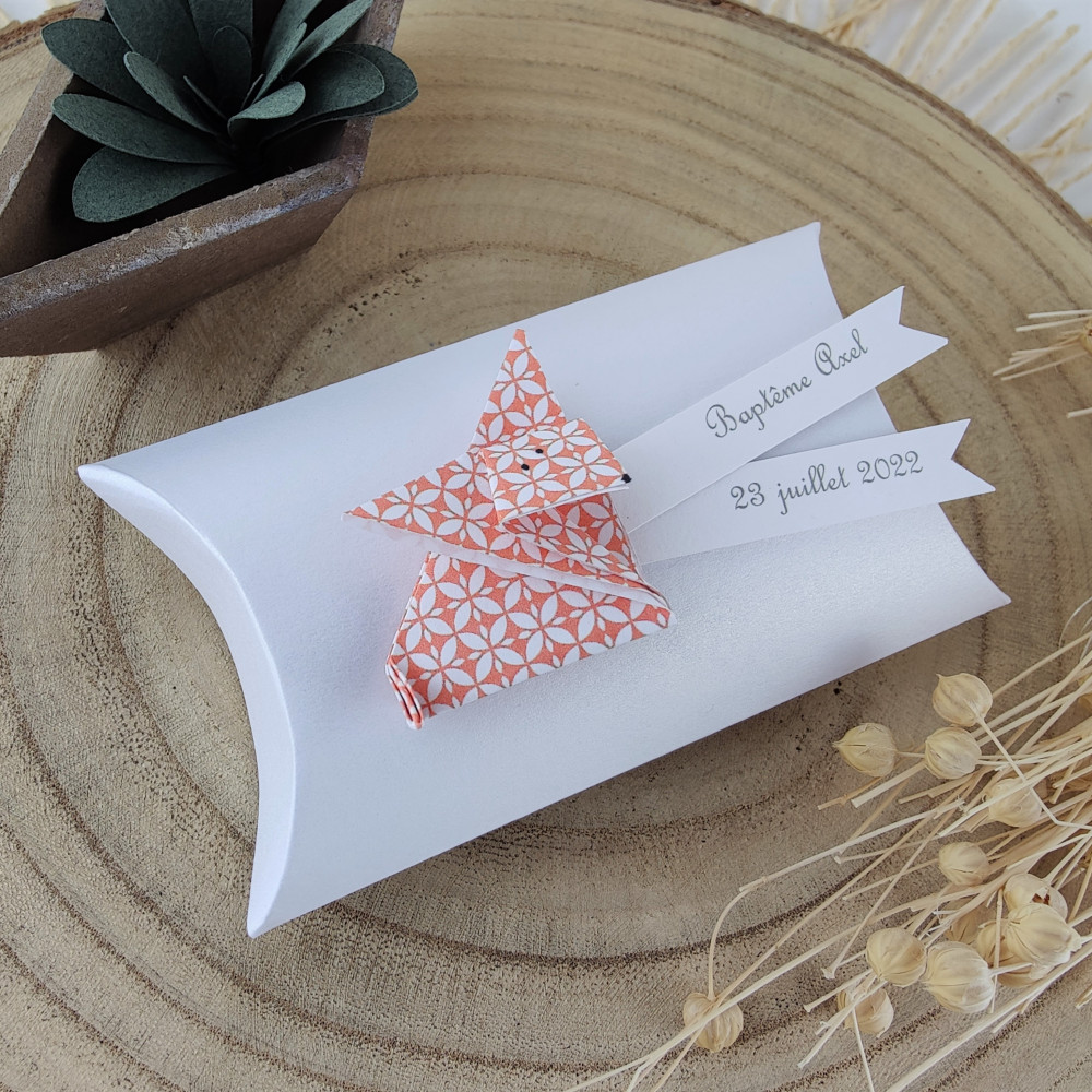 Boîte à dragées coussin + renard en origami papier orange cadeau baptême