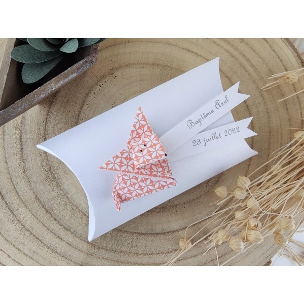 Boîte à dragées coussin + renard en origami papier orange cadeau baptême