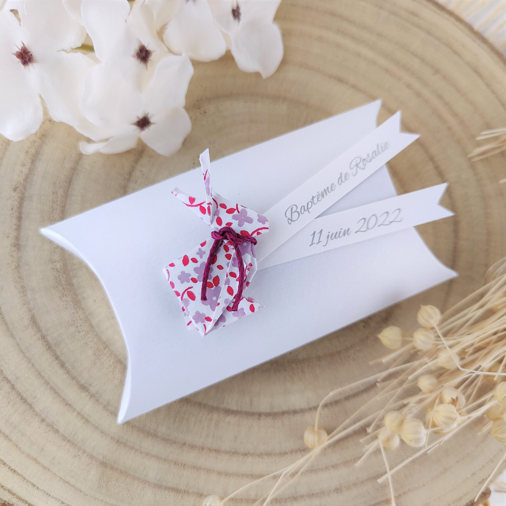 Boîte à dragées coussin+lapin en origami papier liberty violet-