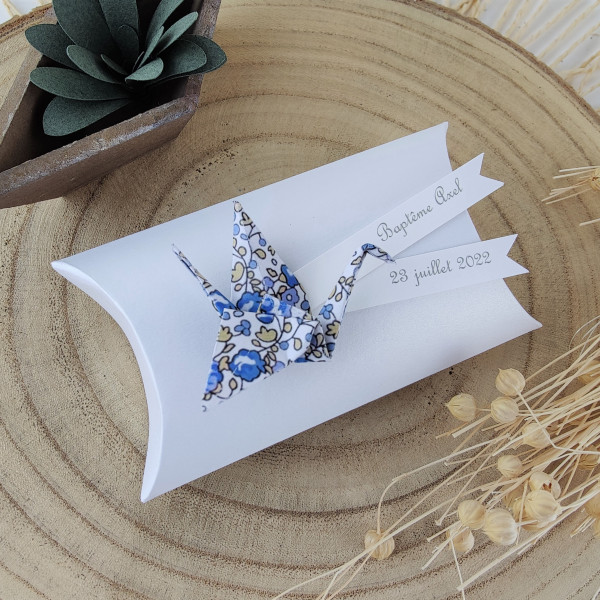 Boîte à dragées berlingot coussin + grue en origami papier liberty Eloise