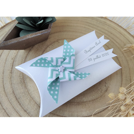 boite a dragees baptême moulin a vent vert menthe remerciement invites