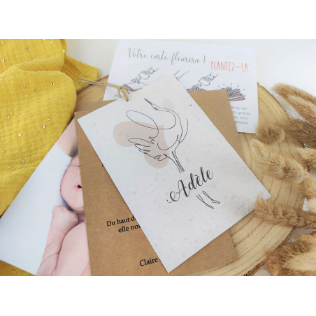 Faire part Naissance ou baptême à Planter cigogne line art fille ou garçon avec photo artisanal
