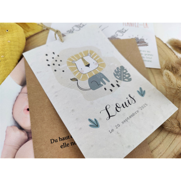 Faire part Naissance ou baptême à Planter lion savane artisanal