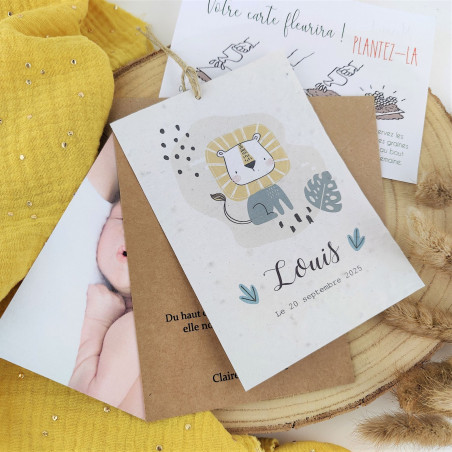 Faire part Naissance ou baptême à Planter lion savane artisanal