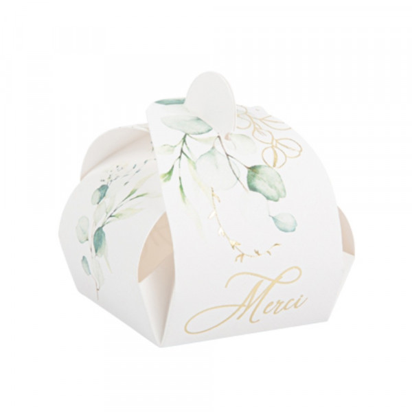 Boîte à dragées eucalyptus papier texturé aquarelle et doré