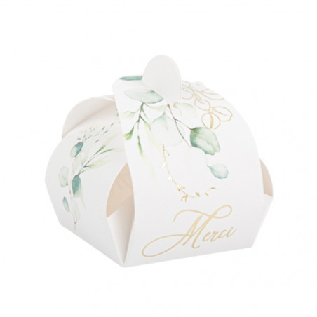 Boîte à dragées eucalyptus papier texturé aquarelle et doré