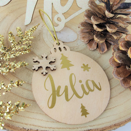 Boule pour Sapin de Noël en bois personnalisée - bois/or artisanal fait main