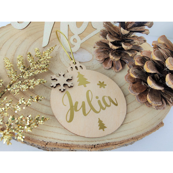 Boule pour Sapin de Noël en bois personnalisée - bois/or artisanal fait main