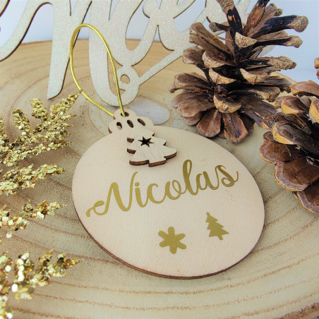 Boule pour Sapin de Noël en bois personnalisée - bois/or artisanal fait main