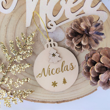 Boule pour Sapin de Noël en bois personnalisée - bois/or artisanal fait main