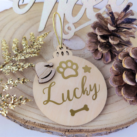 Boule pour Sapin de Noël en bois personnalisée - bois/or artisanal fait main