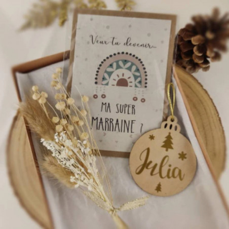 Box coffret cadeau demande marraine Noël personnalisée - carte planter fleurs sechées  boule personnalisée