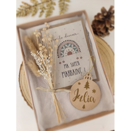 Box coffret cadeau demande marraine Noël personnalisée - carte planter fleurs sechées  boule personnalisée