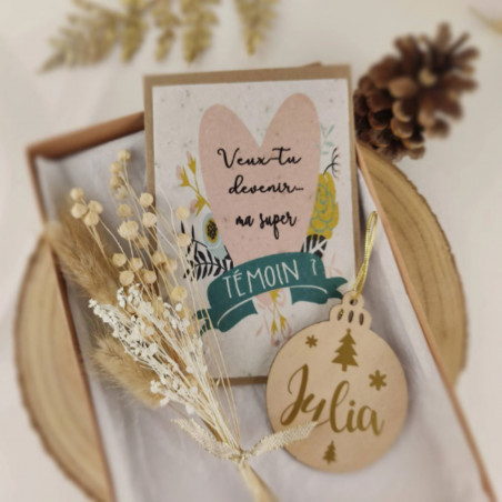 Box coffret cadeau demande marraine - Noël, carte à planter + bouquet de fleurs sechées +  boule de sapin de Noël personnalisée