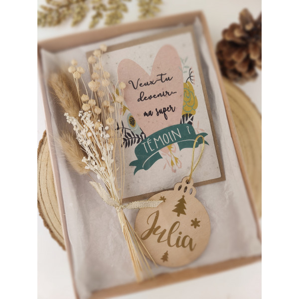 Box coffret cadeau demande marraine - Noël, carte à planter + bouquet de fleurs sechées +  boule de sapin de Noël personnalisée