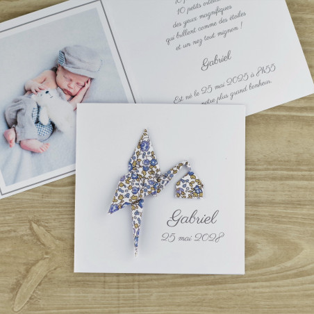 faire part de naissance fait main cigogne bleu liberty eloise mixte