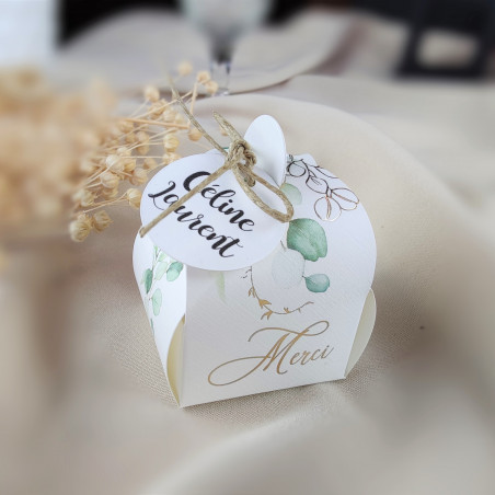 Boîte à dragées personnalisée eucalyptus papier texturé aquarelle et doré