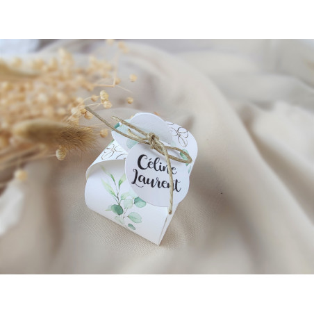 Boîte à dragées personnalisée sauge eucalyptus aquarelle et doré