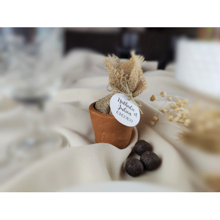 Pot en terre personnalisé + Aumonière en jute avec bombes de graines à planter