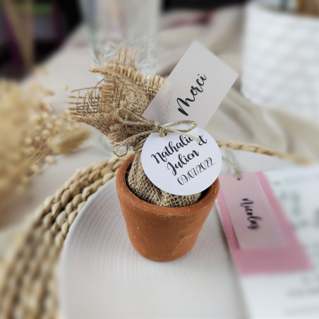 pot en terre + aumonière bombes à graines, cadeau invités mariage baptëme
