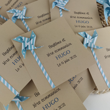 Invitation bapteme moulin a vent fille garcon kraft jaune fait main
