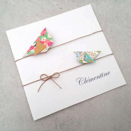 faire part naissance baptême oiseaux rose vert papier japonais haut de gamme jumeau