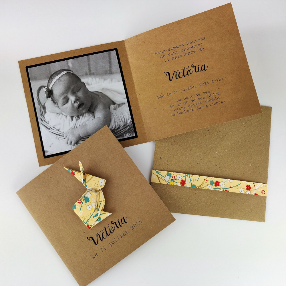Faire part  naissance baptême lapin en origami - papier japonais jaune fleurs