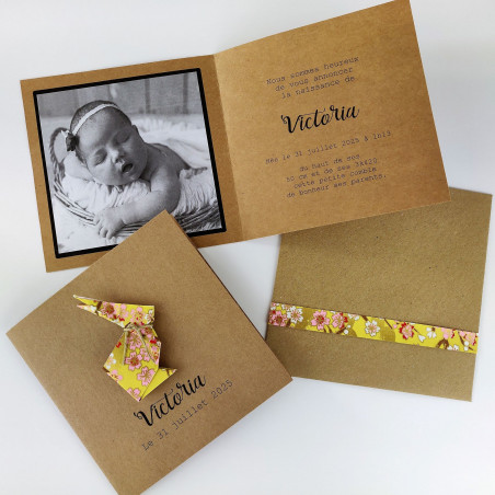 Faire part  naissance baptême  lapin en origami - papier japonais jaune